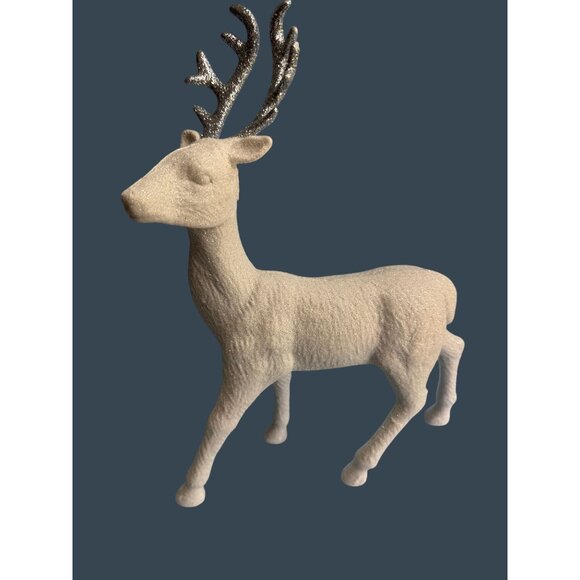 Glittery White Flocked Reindeer Figurine With Silver Antlers - Picture 1 of 8